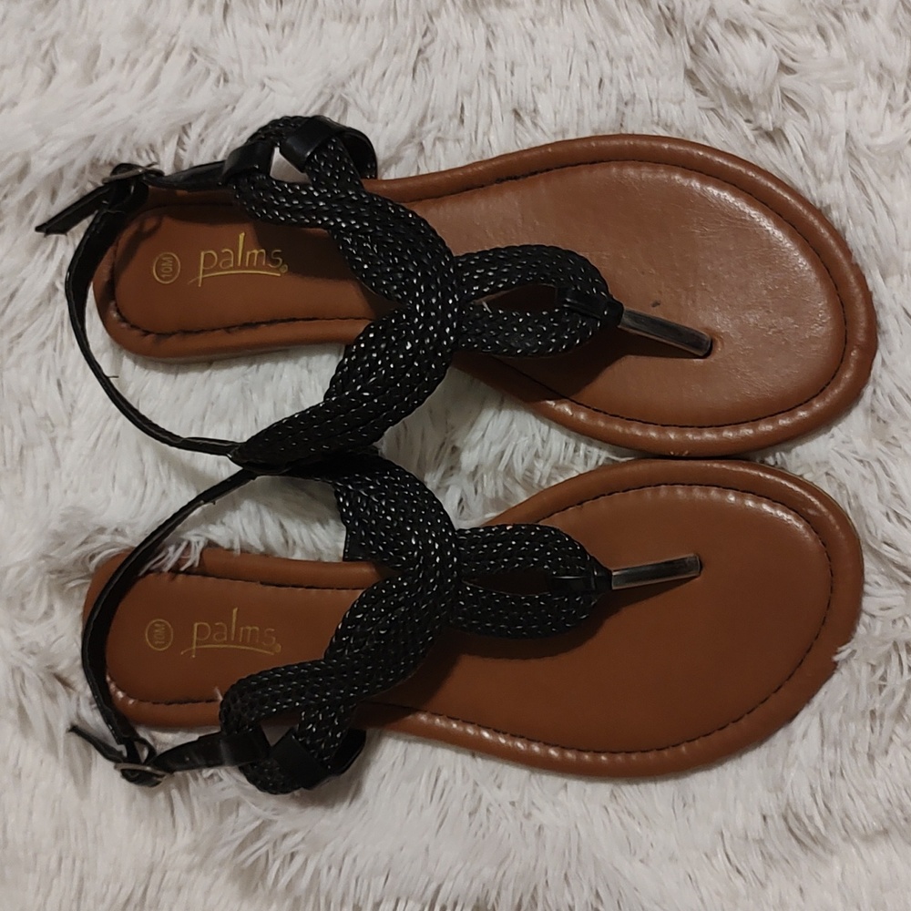 Palms Cute Faux Patent Basketweave Style T-Strap Sandals Black Buckle Boho 10
